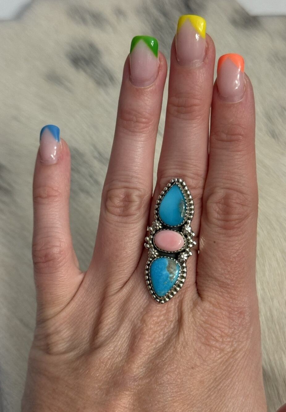 Sterling Silver Blue Ridge Turquoise & Pink Conch Triple Stone Ring Adjustable